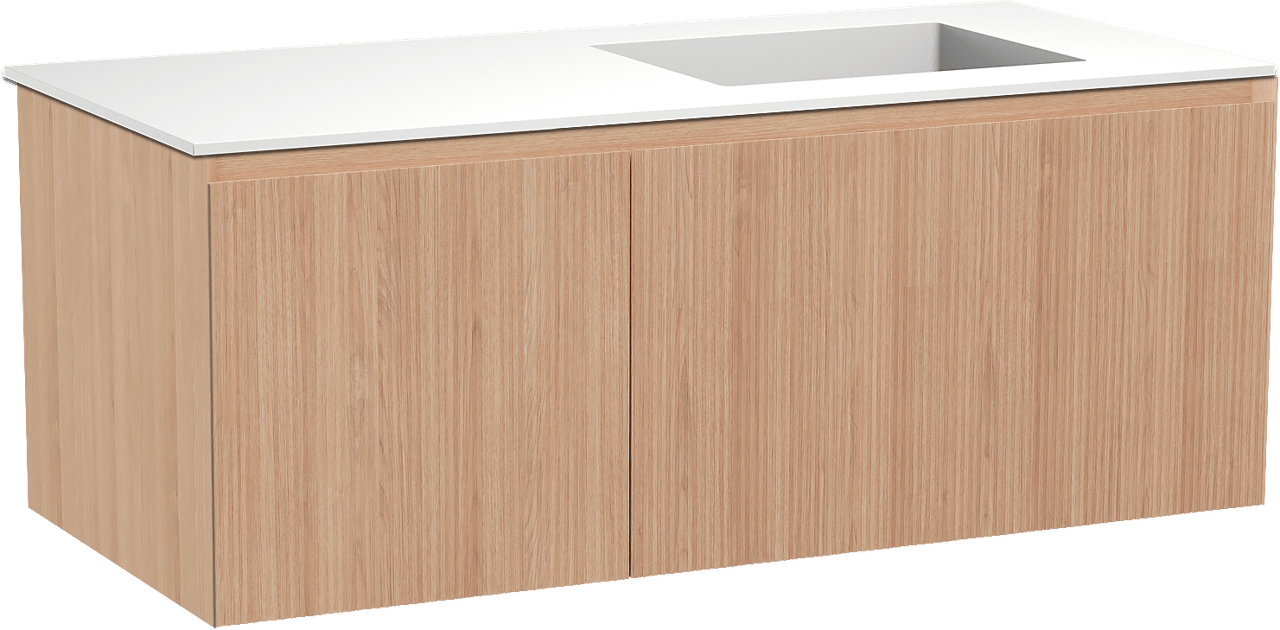 Balmani Fila zwevend badmeubel 120 x 55 cm naturel eiken met Tablo Stretto asymmetrisch rechtse wastafel in solid surface mat wit, Verticale symmetrische rechte ribbel