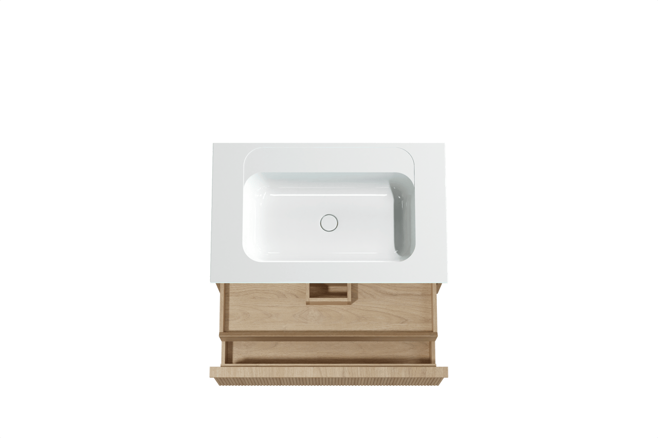 Balmani Forma hängendes Möbelstück Set: 90 x 55 cm, Naturbelassene Eiche, mit Tablo Strada Einzelwaschtisch, Marmorkomposit, Weiß glänzend, Vertikale symmetrische gerade Rippe