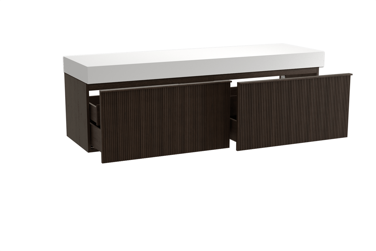 Balmani Forma hängendes Möbelstück Set: 180 x 55 cm, Geräucherte Eiche, mit Dominus Einzel- oder Doppel Waschtischplatte, Solid Surface, Weiß matt, Vertikale symmetrische gerade Rippe