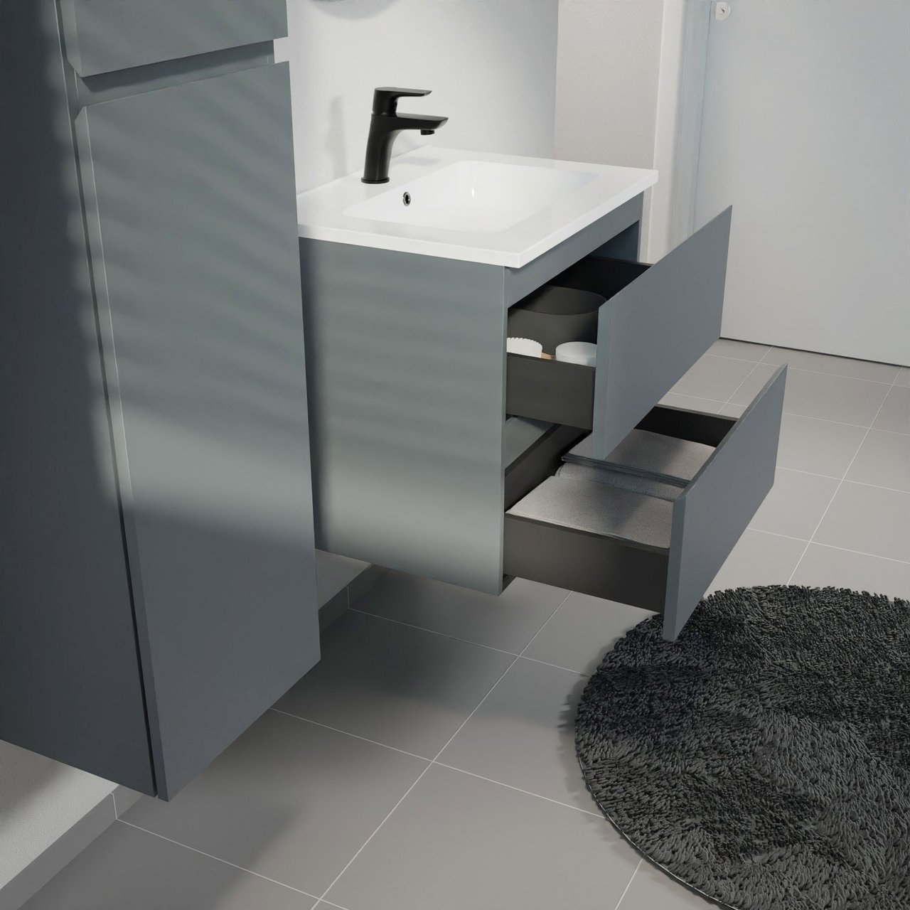 Linie Lado meuble salle de bains suspendu 60 x 46 cm bleu anthracite avec Vano plan simple en marbre composite blanc brillant