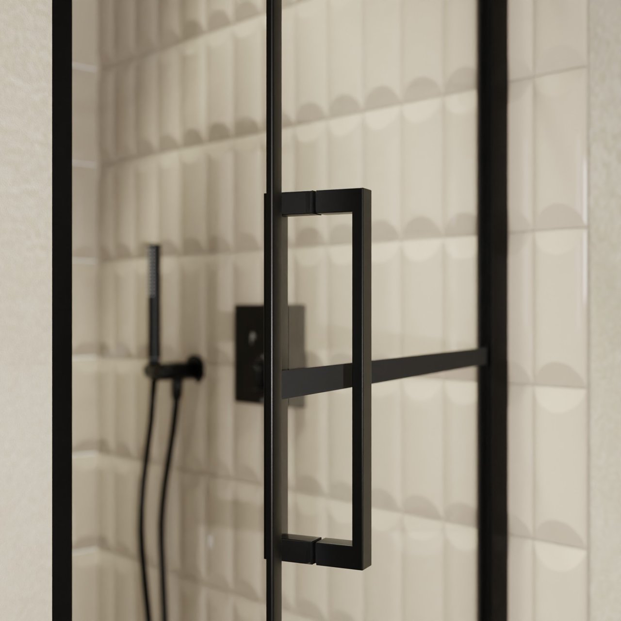 Balmani Senses Design douche draaideur rechts 90 cm x 210 cm Lined glas, Zwarte profielen