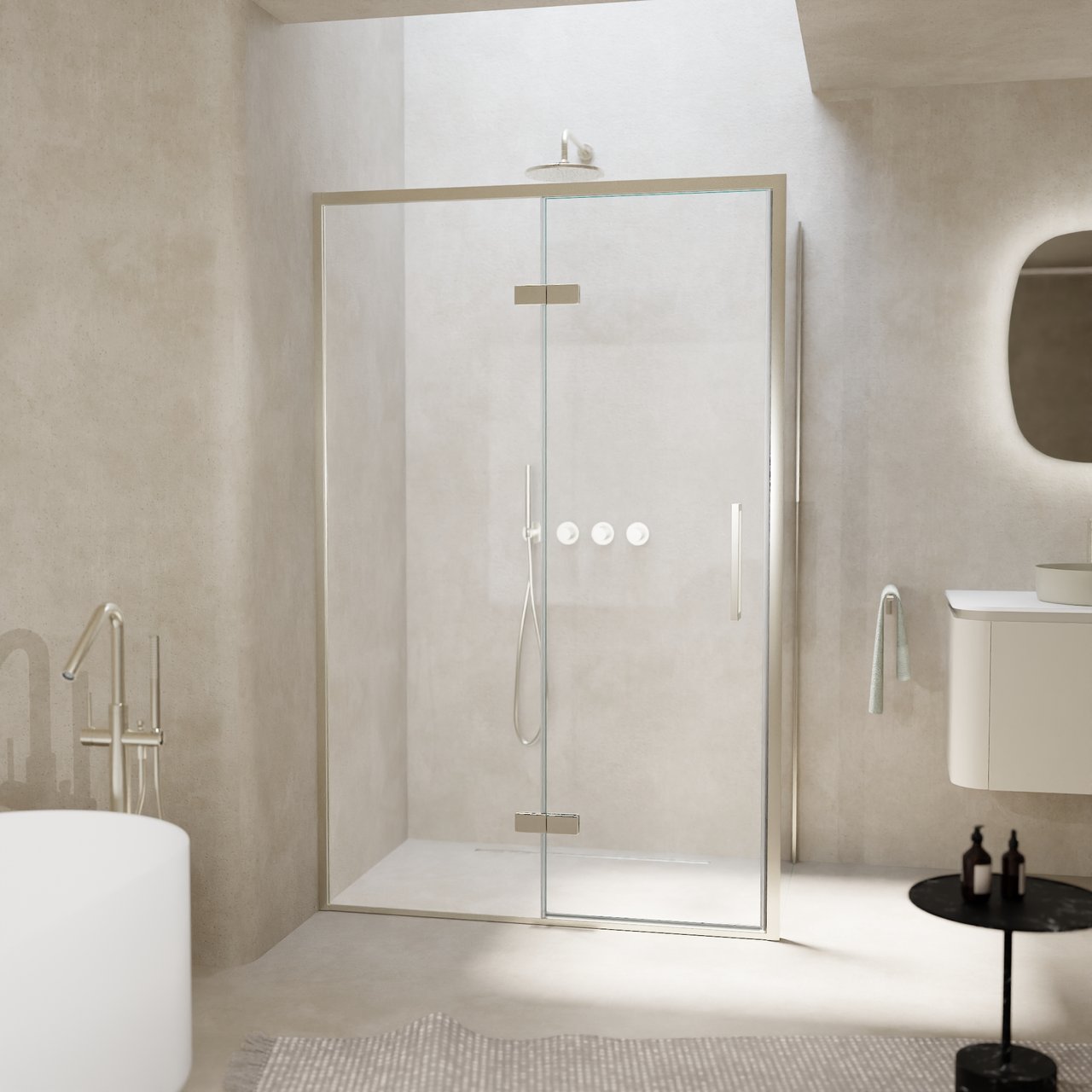 Balmani Senses Design douche en coin avec porte pivotante à gauche et paroi latérale fixe, 120 x 70 cm, Verre transparent, Profil Brushed CoolMetal, coating inclus, coating inclus