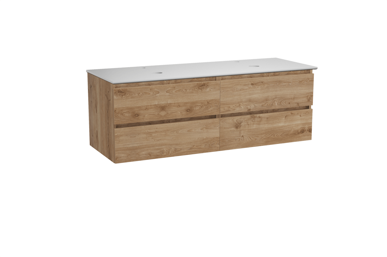 Balmani Lucida hängendes Möbelstück Set: 150 x 55 cm, Rohe Eiche, mit Facetta Doppel Waschtischplatte, Solid Surface Weiß matt