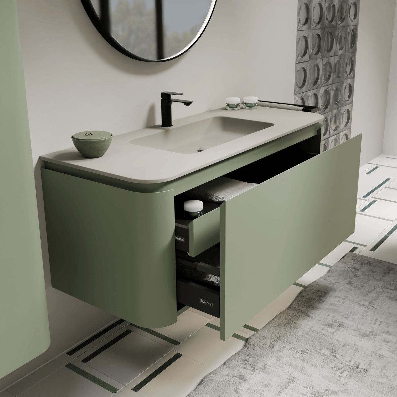 Balmani Moon zwevend badmeubel 130 x 55 cm saliegroen met Moon enkele wastafel in top solid zijdegrijs