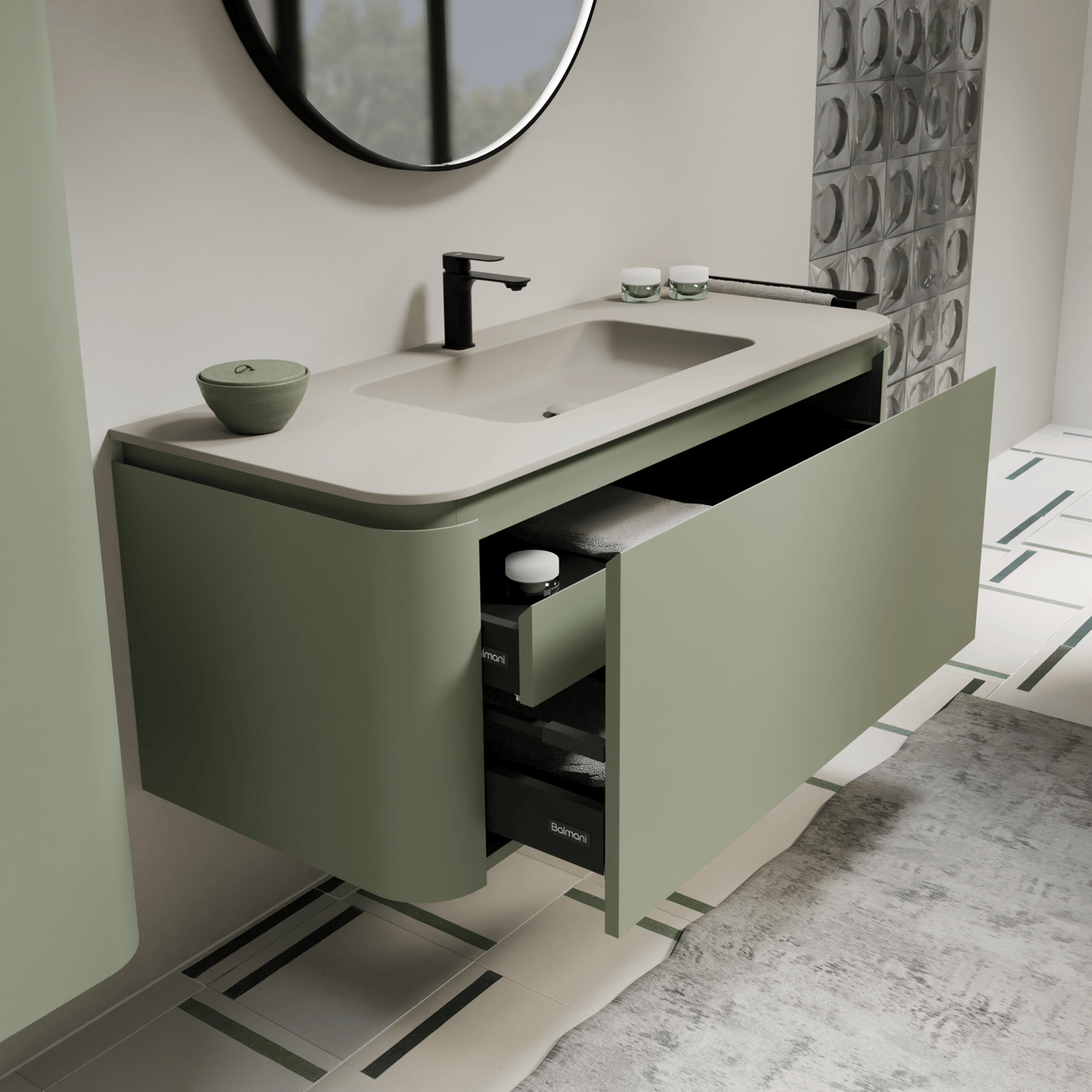 Balmani Moon hängendes Möbelstück Set: 130 x 55 cm, Salbeigrün, mit Moon Einzelwaschtisch, Top Solid Seidengrau