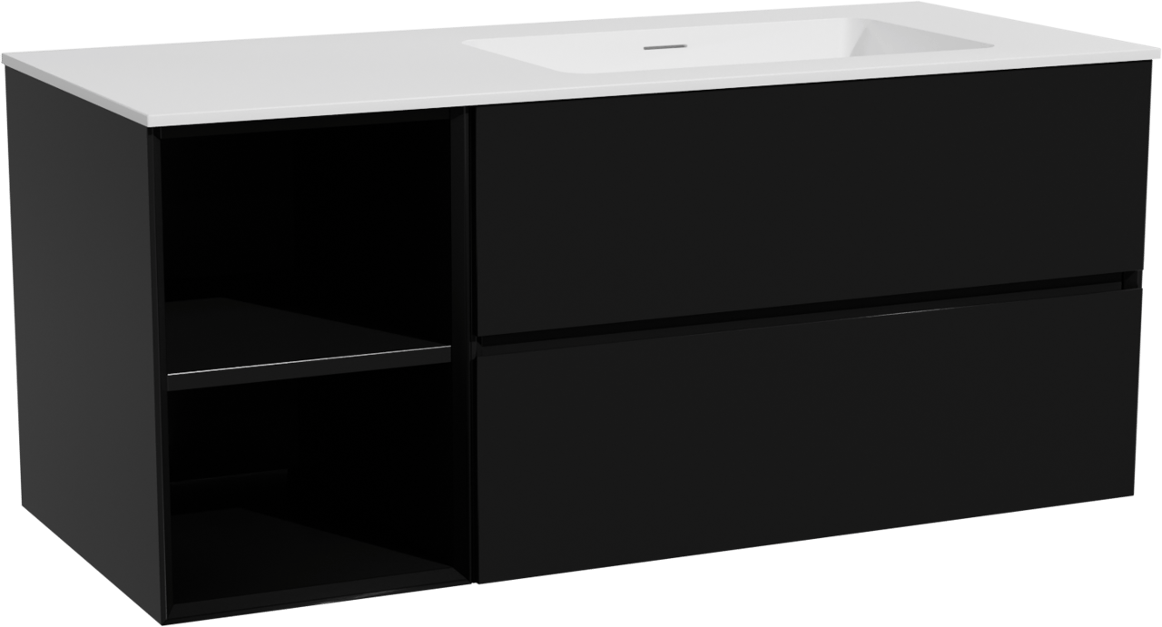 Storke Edge meuble salle de bains suspendu 120 x 52 cm noir mat avec Mata plan vasque asymétrique à droite en solid surface blanc mat