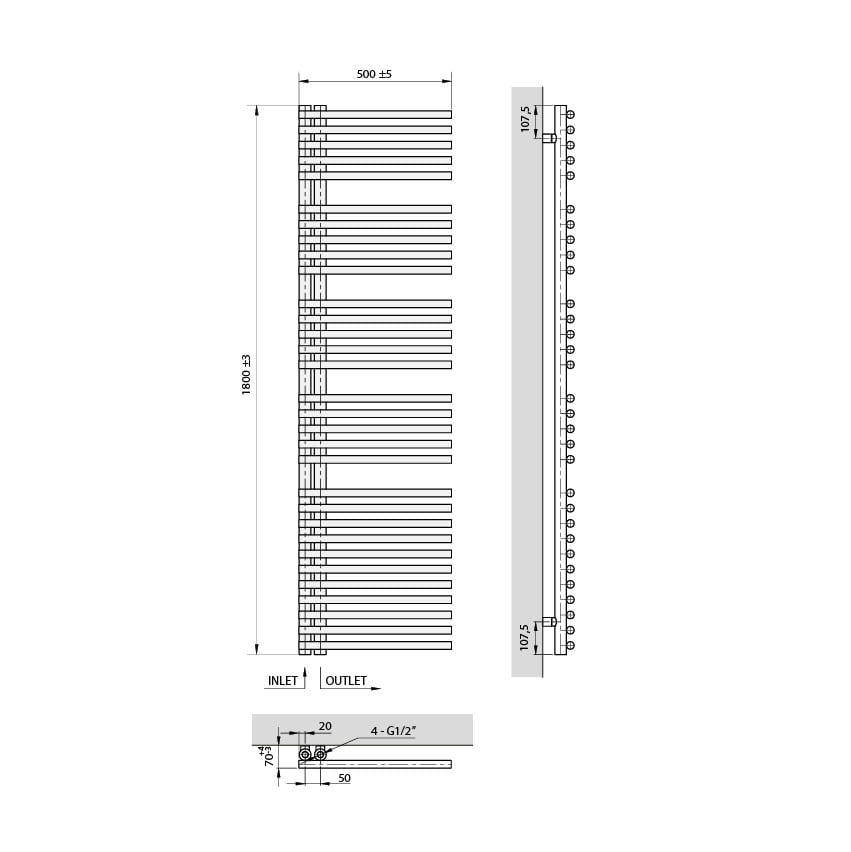 UNIQUEMENT POUR ALLEMAGNE - Vipera Nevada sèche-serviettes simple 50 x 180 cm chauffage électrique noir mat raccordement latéral 847W, résistance incluse