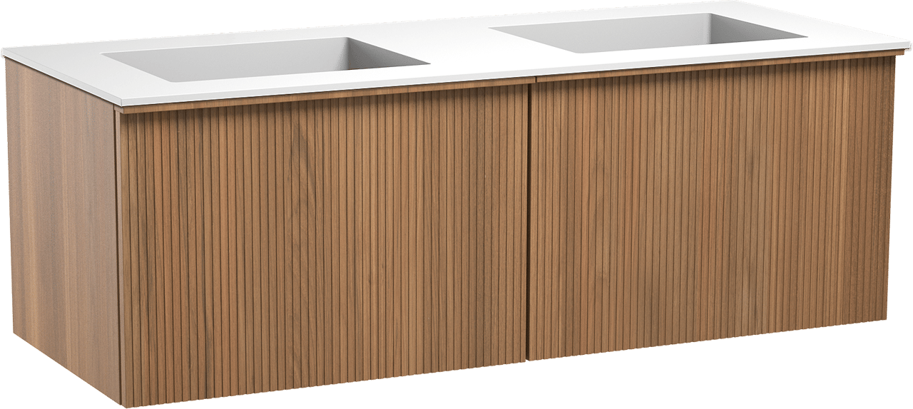 Balmani Forma zwevend badkamermeubel 135 x 55 cm teak met Tablo Stretto dubbele wastafel in solid surface mat wit, Verticale symmetrische rechte ribbel