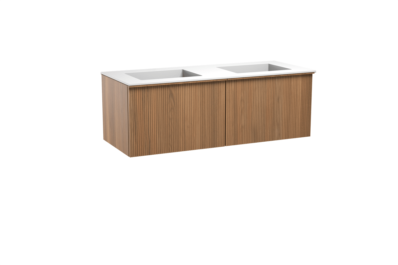 Balmani Forma meuble salle de bains suspendu 135 x 55 cm teck avec Tablo Stretto double vasque en solid surface blanc mat, Nervure droite symétrique verticale