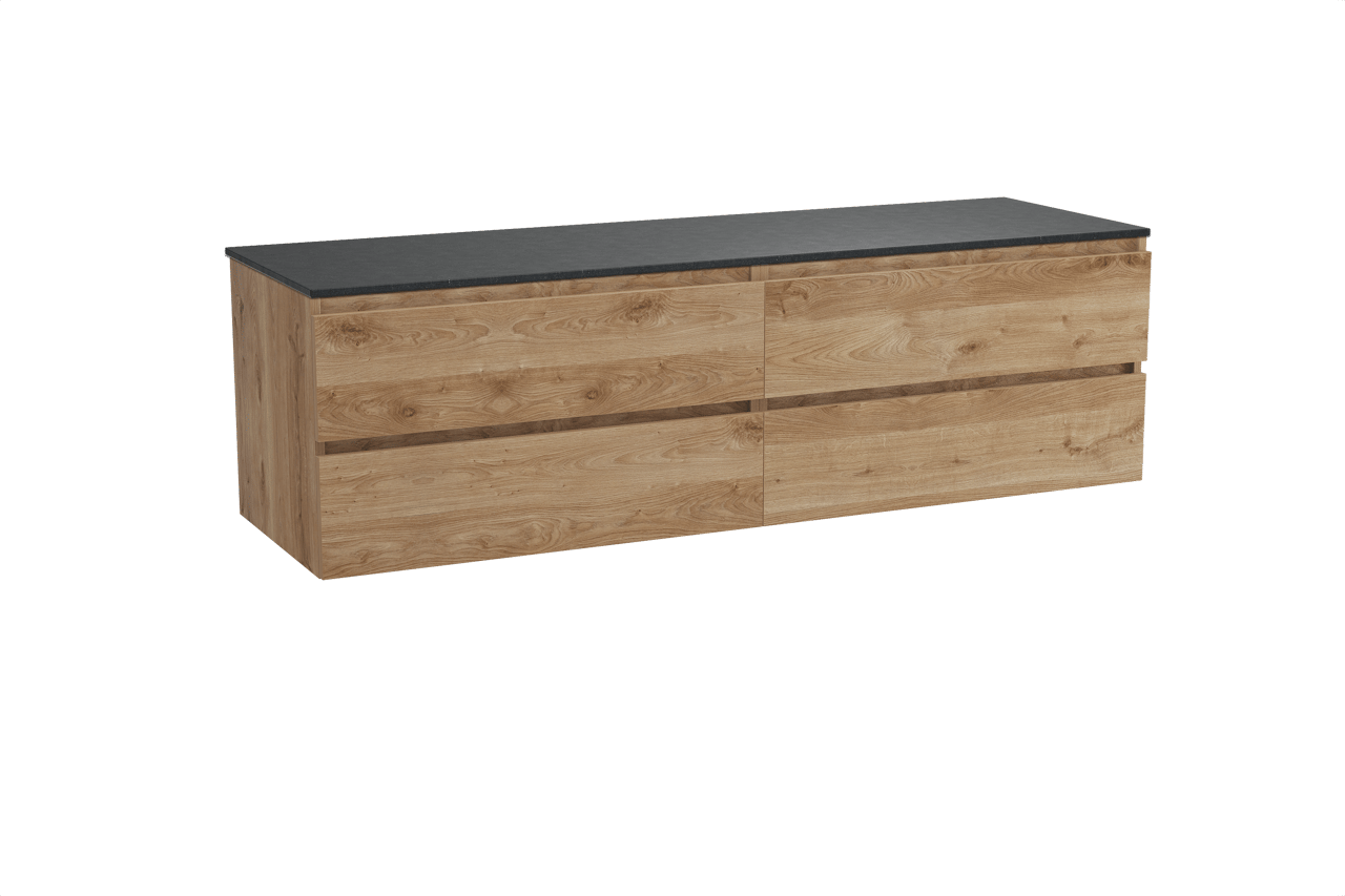 Balmani Lucida hängendes Möbelstück Set: 180 x 55 cm, Rohe Eiche, mit Stretto Einzel- oder Doppel Waschtischplatte, Schwarzes Granit