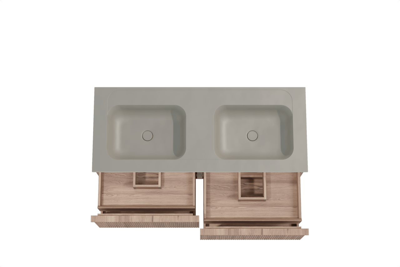 Balmani Forma zwevend badkamermeubel 135 x 55 cm teak met Tablo Strada dubbele wastafel in composietmarmer zijdegrijs, Verticale symmetrische rechte ribbel