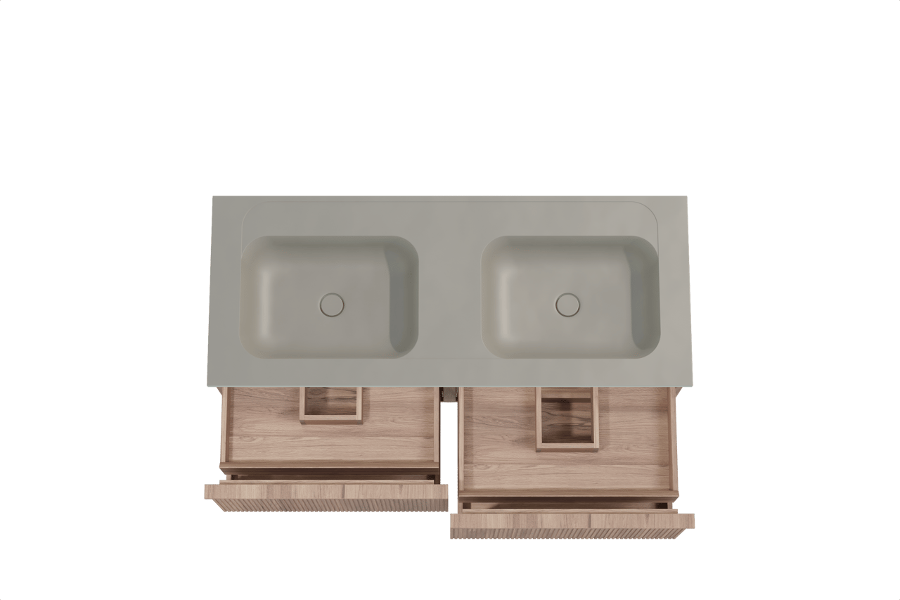 Balmani Forma meuble salle de bains suspendu 135 x 55 cm teck avec Tablo Strada double vasque en marbre composite soie grise, Nervure droite symétrique verticale