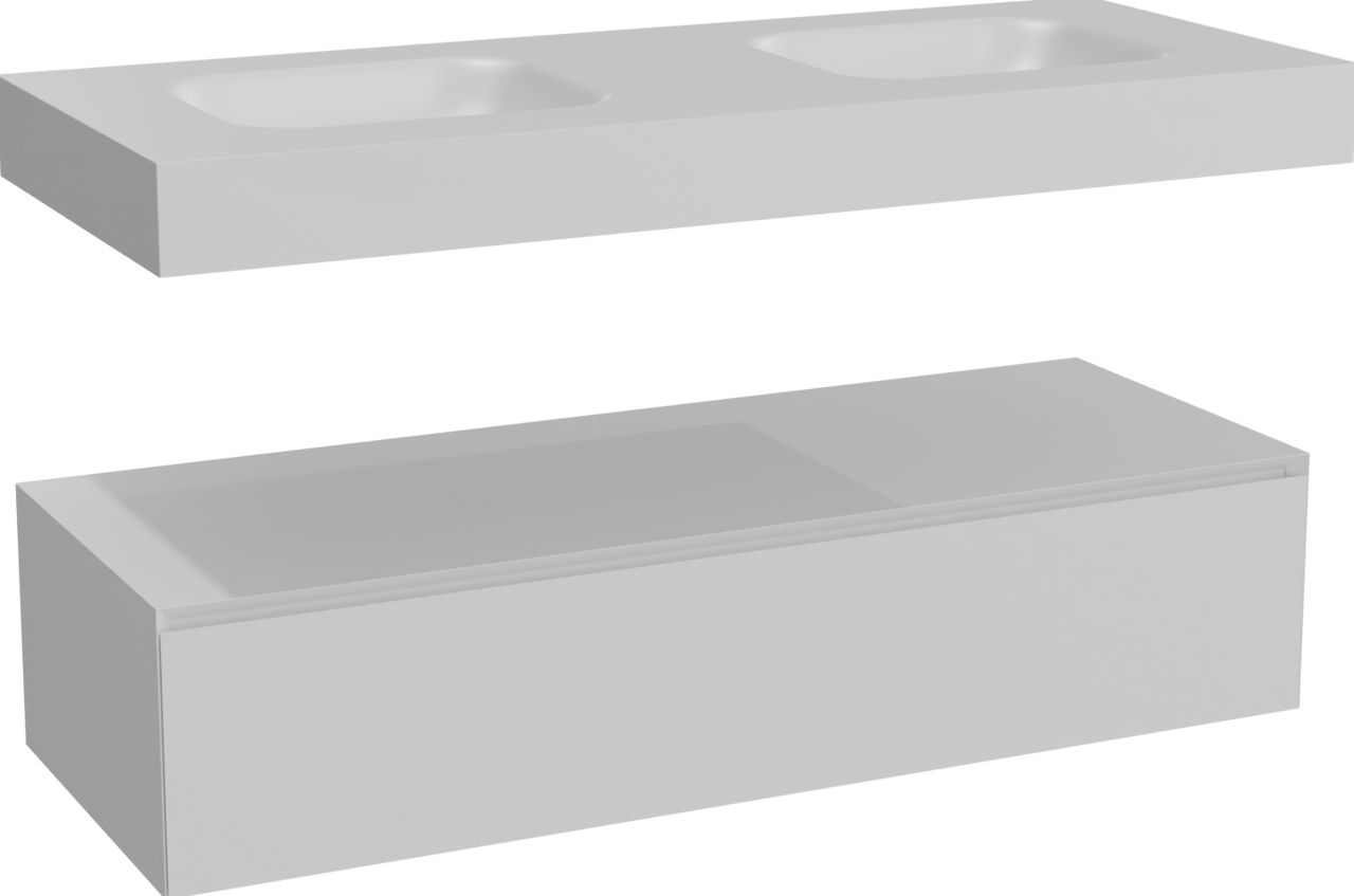Balmani Mitra Elements hängendes Möbelstück Set: 135 x 55 cm, Weiß matt mit Arcato Doppelwaschtisch, Solid Surface Weiß matt