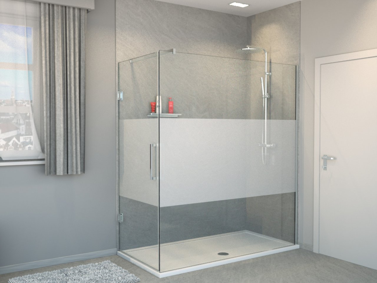 Balmani Modular Walk-In-Dusche mit Tür Links 160 x 200 cm, Klarglas mit mattiertem Streifen, Profil chrom glänzend