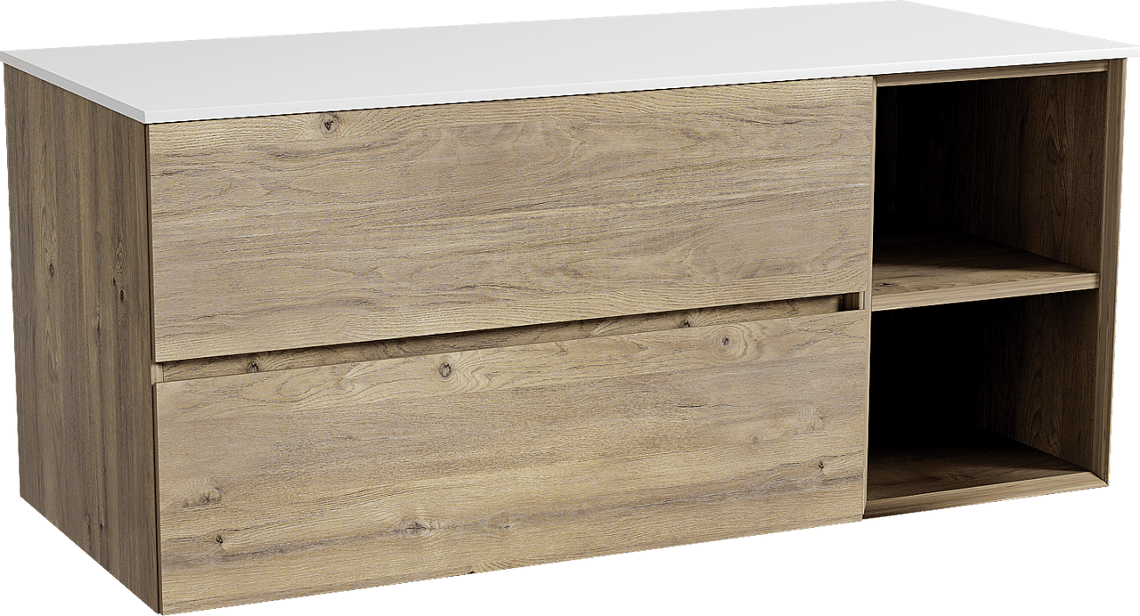 Storke Edge zwevend badmeubel 120 x 52 cm ruw eiken met Tavola enkel of dubbel wastafelblad in solid surface mat wit