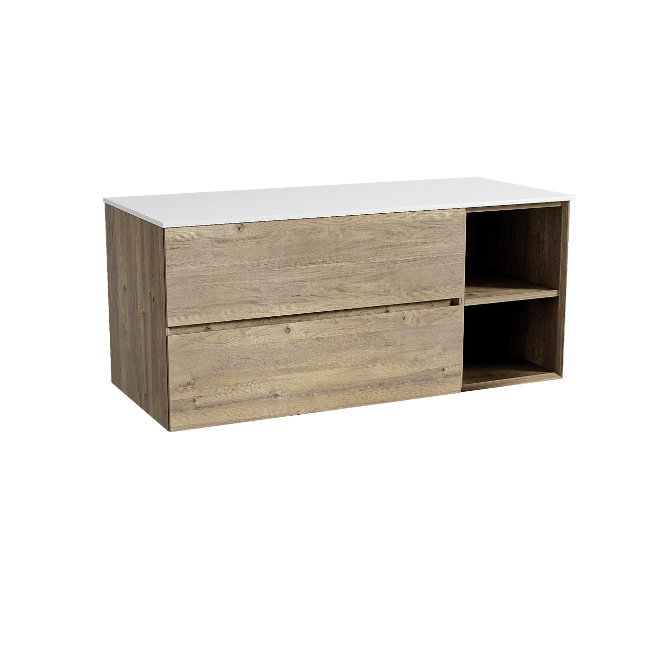 Storke Edge zwevend badmeubel 120 x 52 cm ruw eiken met Tavola enkel of dubbel wastafelblad in solid surface mat wit