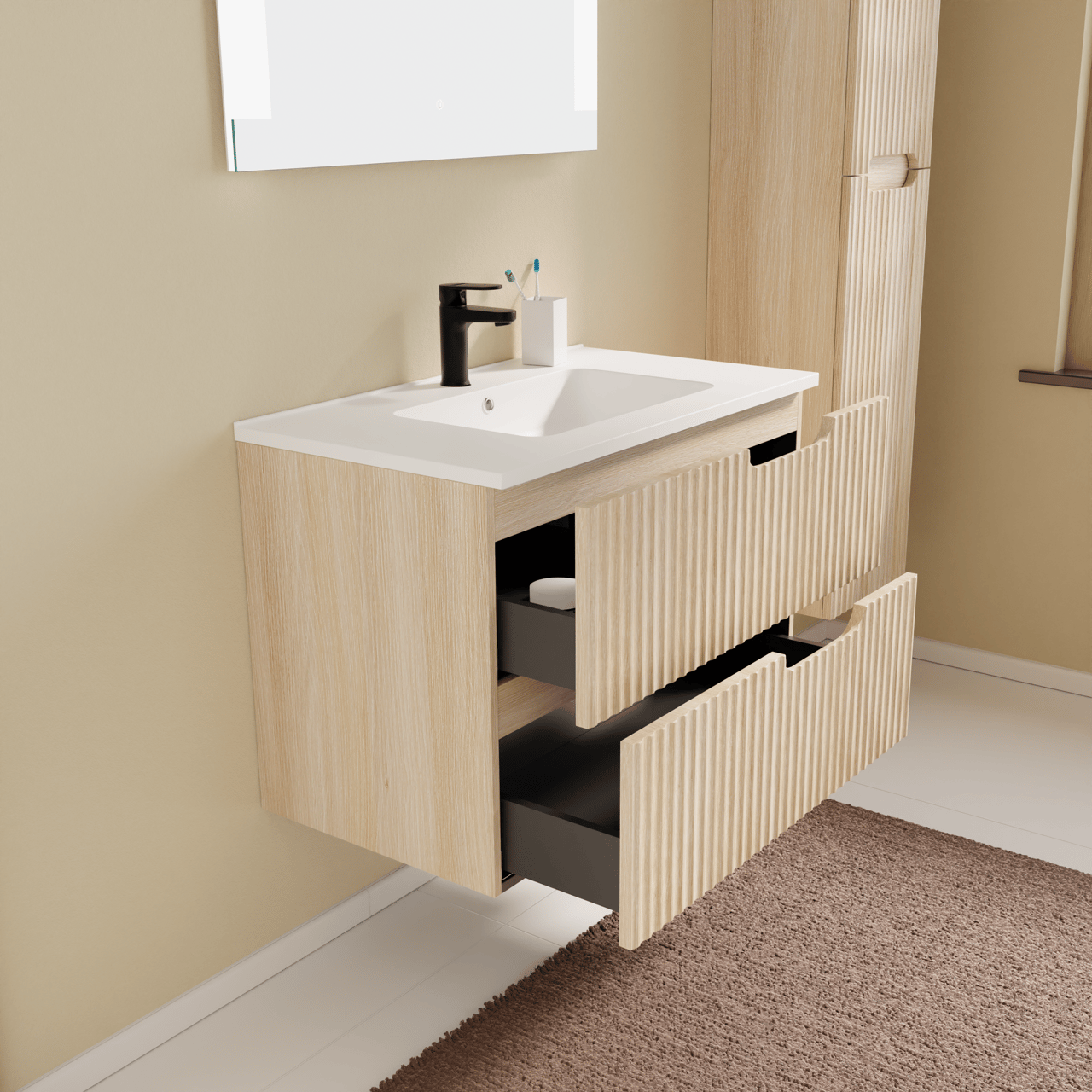 Linie Ribbo meuble salle de bains suspendu 80 x 46 cm chêne clair avec Vano plan simple en marbre composite blanc mat, Nervure circulaire symétrique verticale