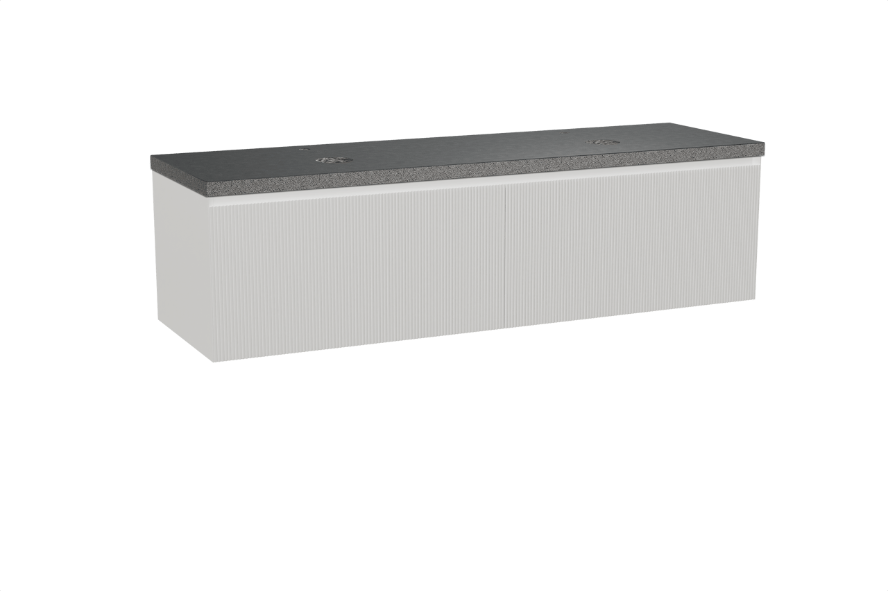 Balmani Fila hängendes Möbelstück Set: 180 x 55 cm, Weiß matt, mit Rock Doppel Waschtischplatte, Granit, Schwarzes Granit, Vertikale symmetrische gerade Rippe