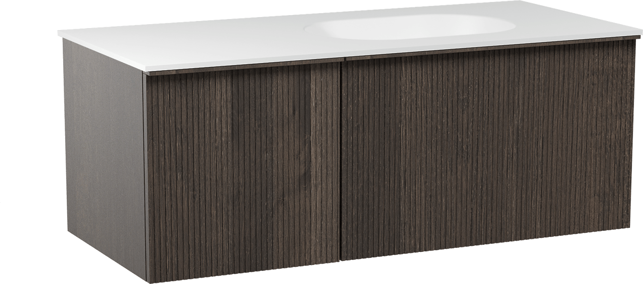 Balmani Forma meuble salle de bains suspendu 120 x 55 cm chêne fumé avec Tablo Oval vasque asymétrique droite en solid surface blanc mat, Nervure droite symétrique verticale