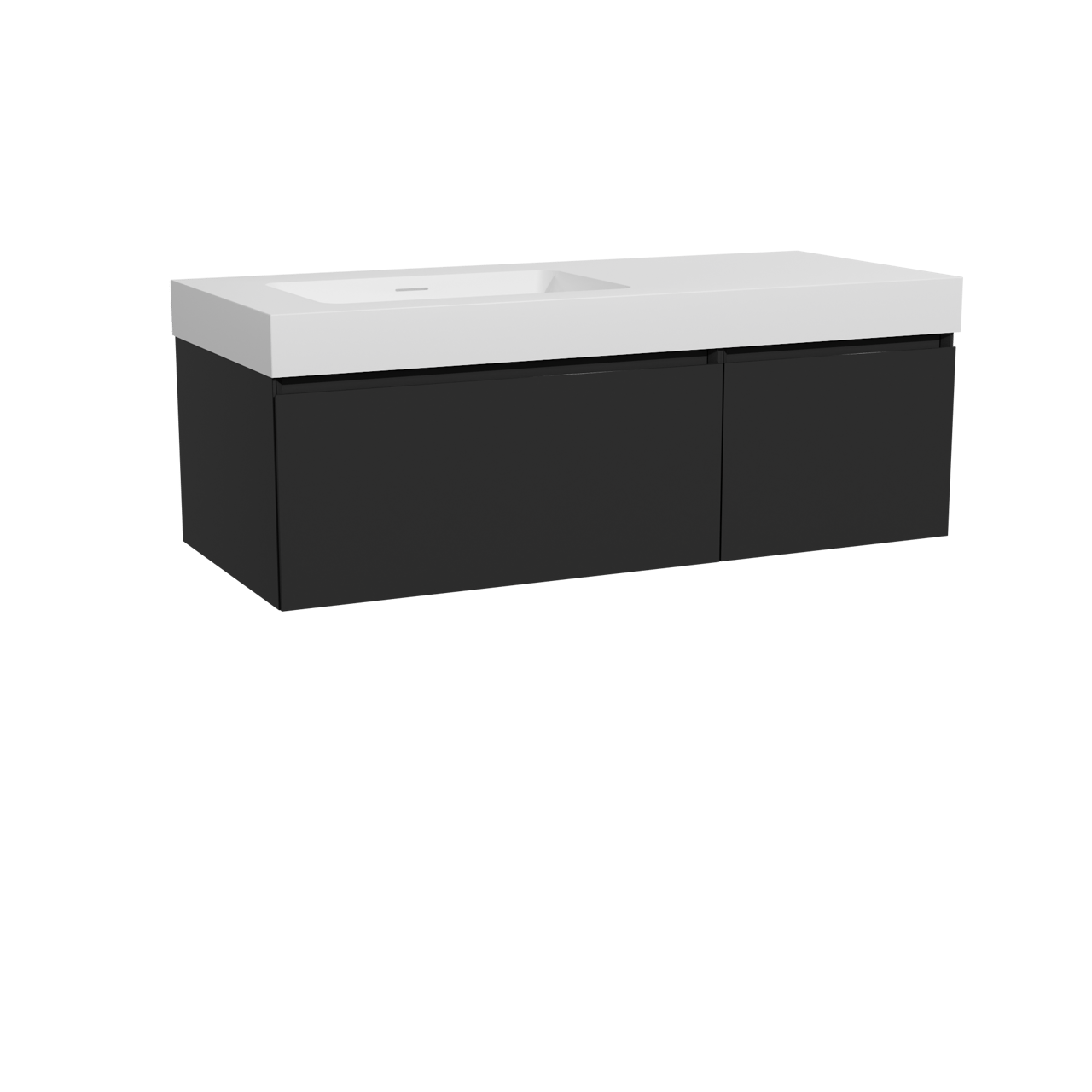 Storke Edge zwevend badkamermeubel 120 x 52 cm mat zwart met Mata High asymmetrisch linkse wastafel in solid surface mat wit