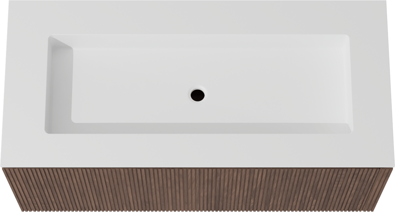 Balmani Eclips meuble salle de bains suspendu 120 x 55 cm Noyer américain avec Tablo Stretto plan simple pour 2 trous de robinet en Solid Surface blanc mat, Nervure droite symétrique verticale