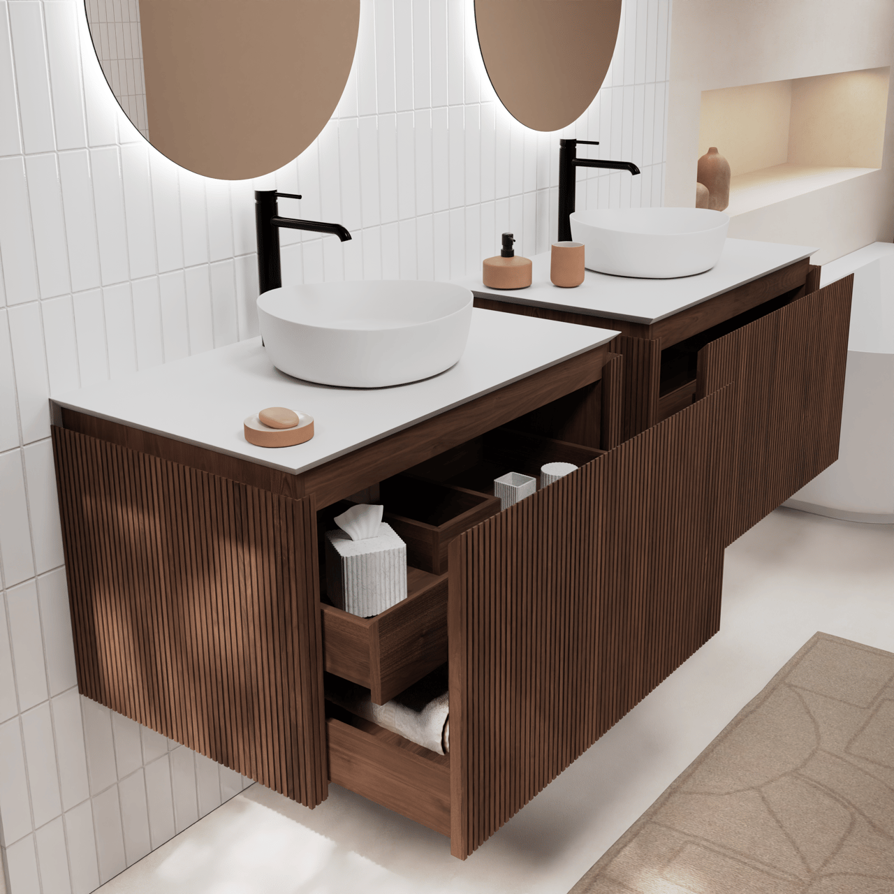 Balmani Eclips zwevend badkamermeubel 90 x 55 cm Amerikaanse notelaar met Eclips enkel tablet in Solid Surface mat wit, Verticale symmetrische rechte ribbel