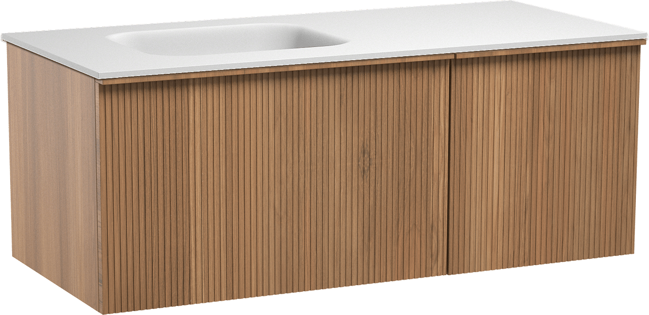 Balmani Forma hängendes Möbelstück Set: 120 x 55 cm, Teak, mit Tablo Arcato Waschtisch links, Solid Surface, Weiß matt, Vertikale symmetrische gerade Rippe