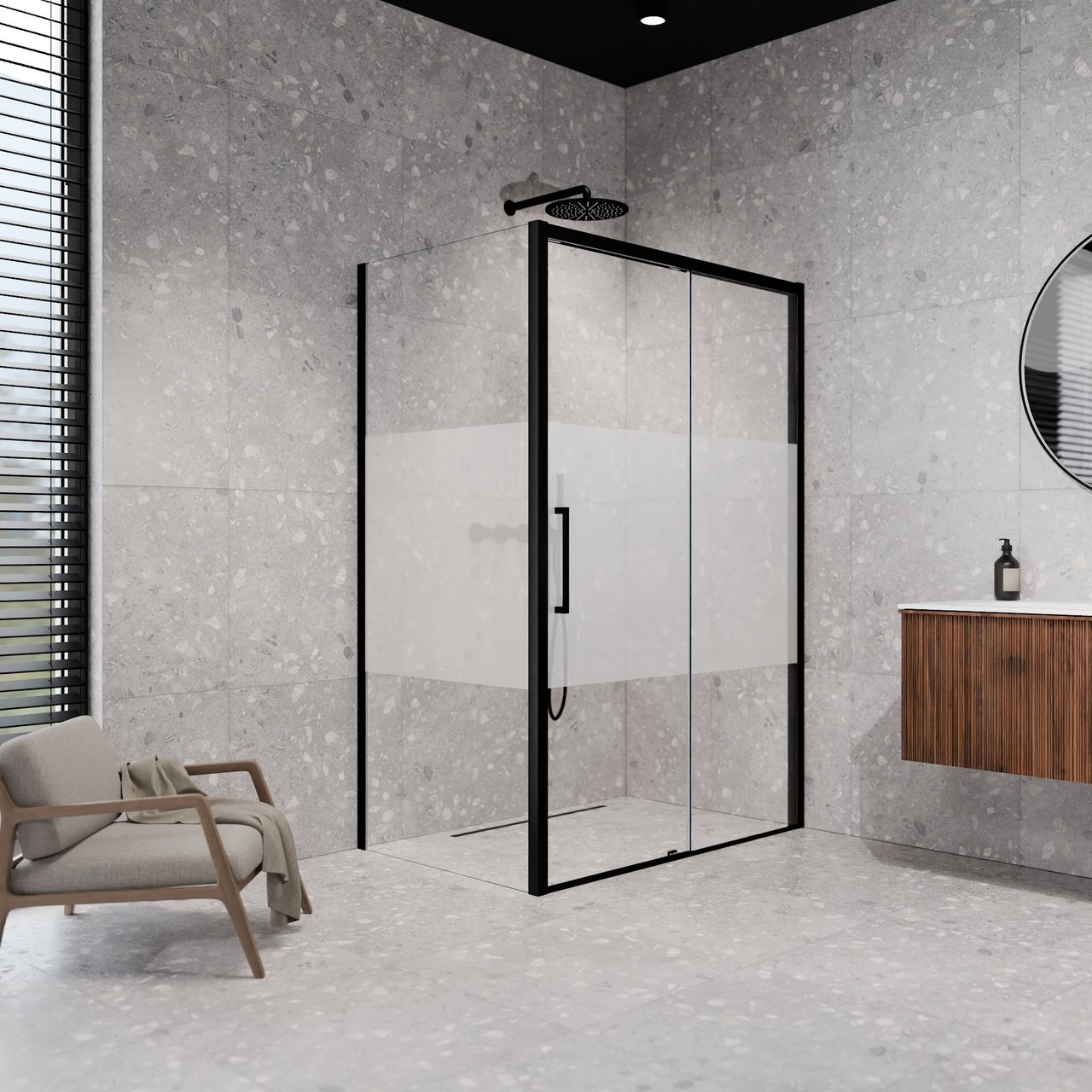 Balmani Senses Design Eckdusche: Schiebetür (Rechts) mit fixierte Seitenwand, 160 x 80 cm, Klarglas mit mattiertem Streifen, Profil Schwarz matt, inklusive Coating