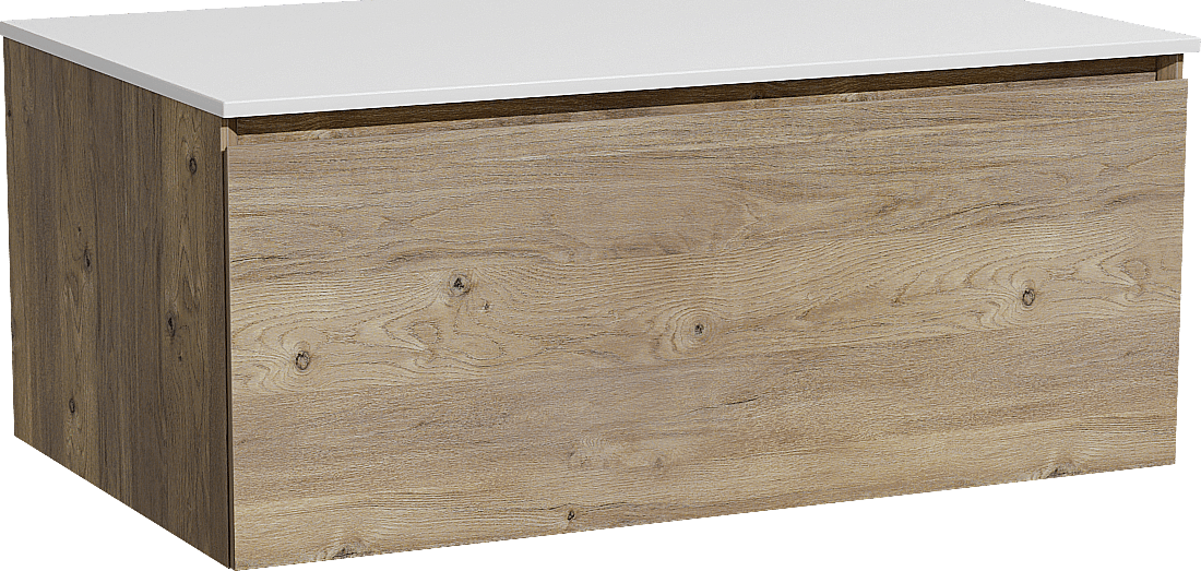 Storke Edge zwevend badmeubel 85 x 52 cm ruw eiken met Tavola enkel wastafelblad in solid surface mat wit