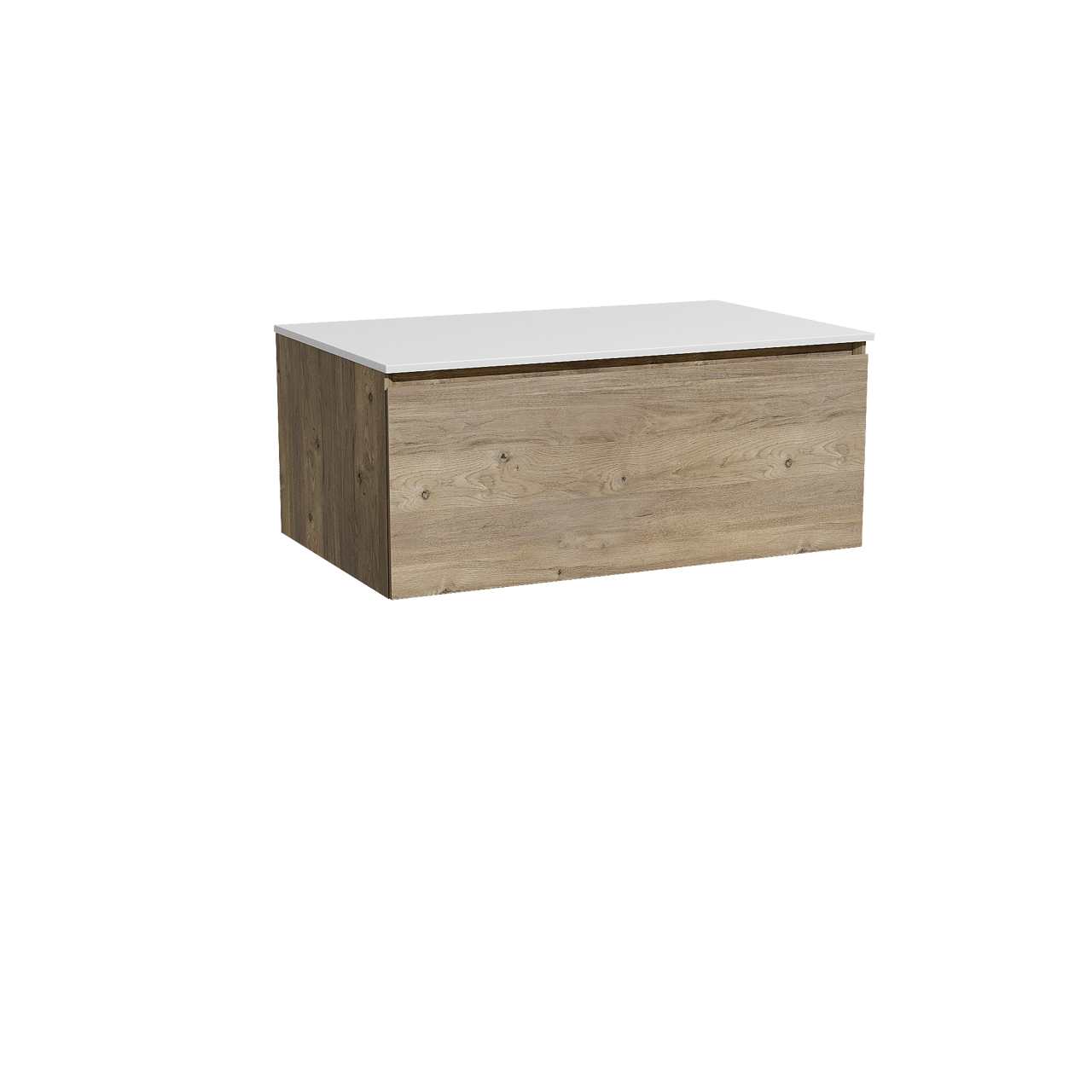 Storke Edge hängendes Möbelstück Set: 85 x 52 cm, Rohe Eiche, mit Tavola Einzel Waschtischplatte, Solid Surface Weiß matt