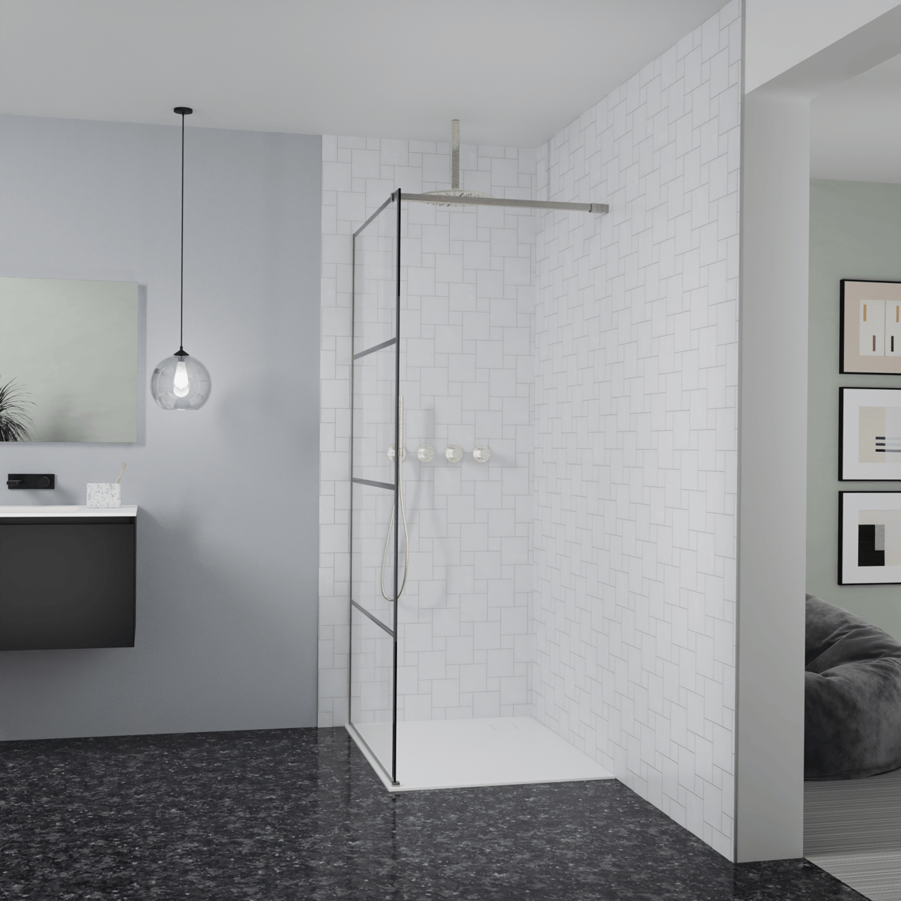 Balmani Modular Walk-In Dusche: 100 x 200 cm, Lined, inklusive Coating, Profil Brushed CoolMetal