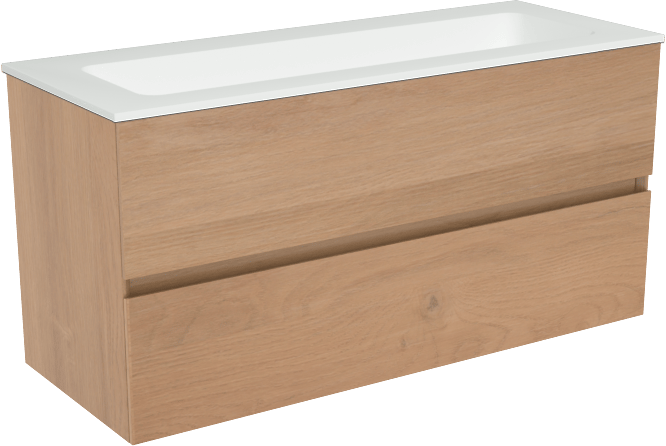 Storke Edge zwevend badkamermeubel 100 x 40 cm ruwe eik met Mata enkele wastafel voor 2 kraangaten in solid surface mat wit