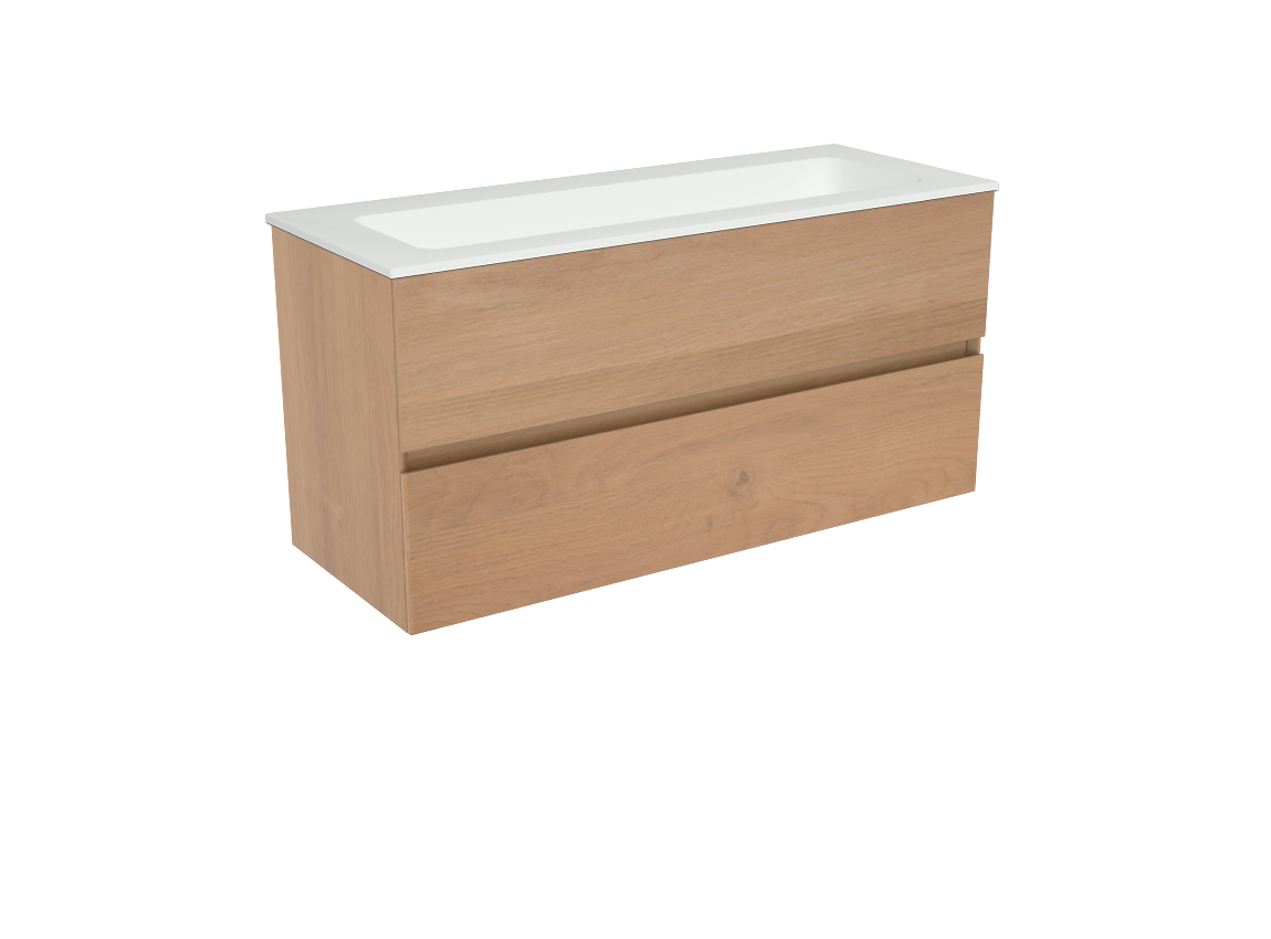 Storke Edge hängendes Möbelstück Set: 100 x 40 cm, Rohe Eiche, mit Mata Einzelwaschtisch für 2 Armaturenlöcher, Solid Surface Weiß matt