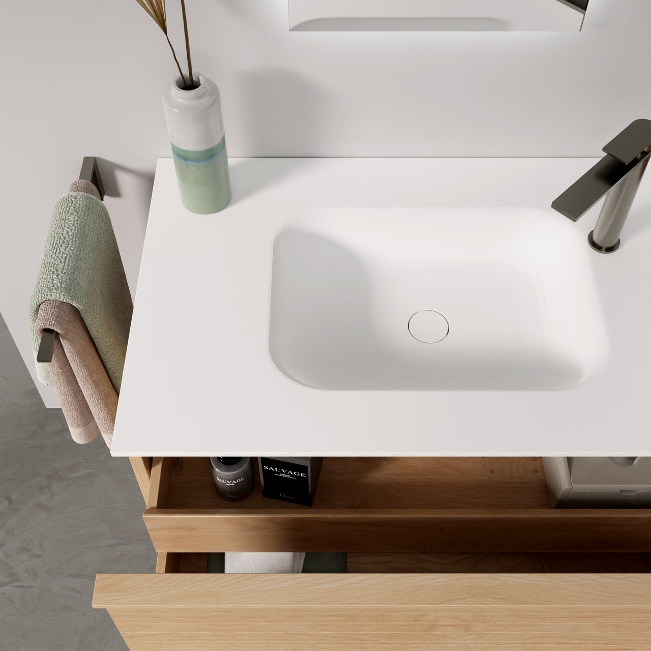 Balmani Forma meuble salle de bains suspendu 135 x 55 cm chêne naturel avec Tablo Arcato double vasque en solid surface blanc mat, Nervure droite symétrique horizontale