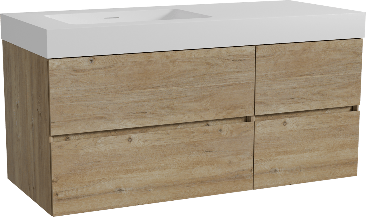 Storke Edge zwevend badmeubel 120 x 52 cm ruw eiken met Mata High asymmetrisch linkse wastafel in solid surface mat wit