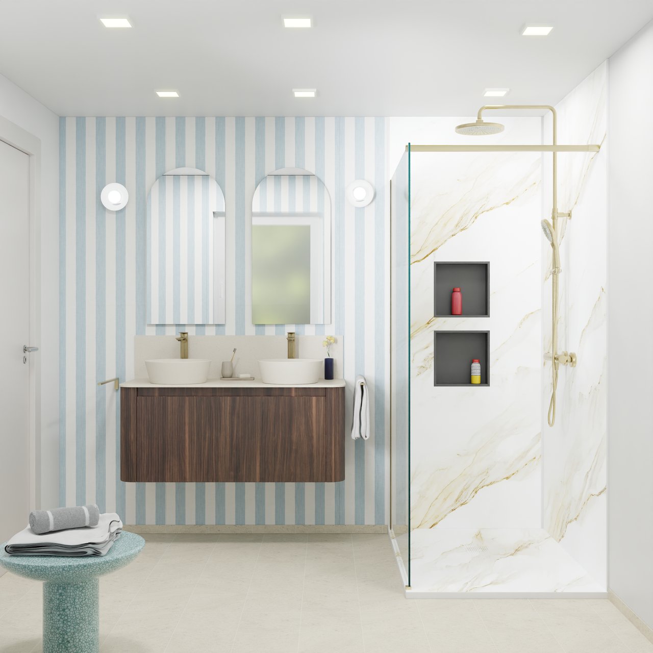 Storke Soft meuble salle de bains suspendu 120 x 46 cm noyer avec Tavola Soft tablette simple ou double vasque en Solid Surface beige granite, Nervure droite symétrique verticale