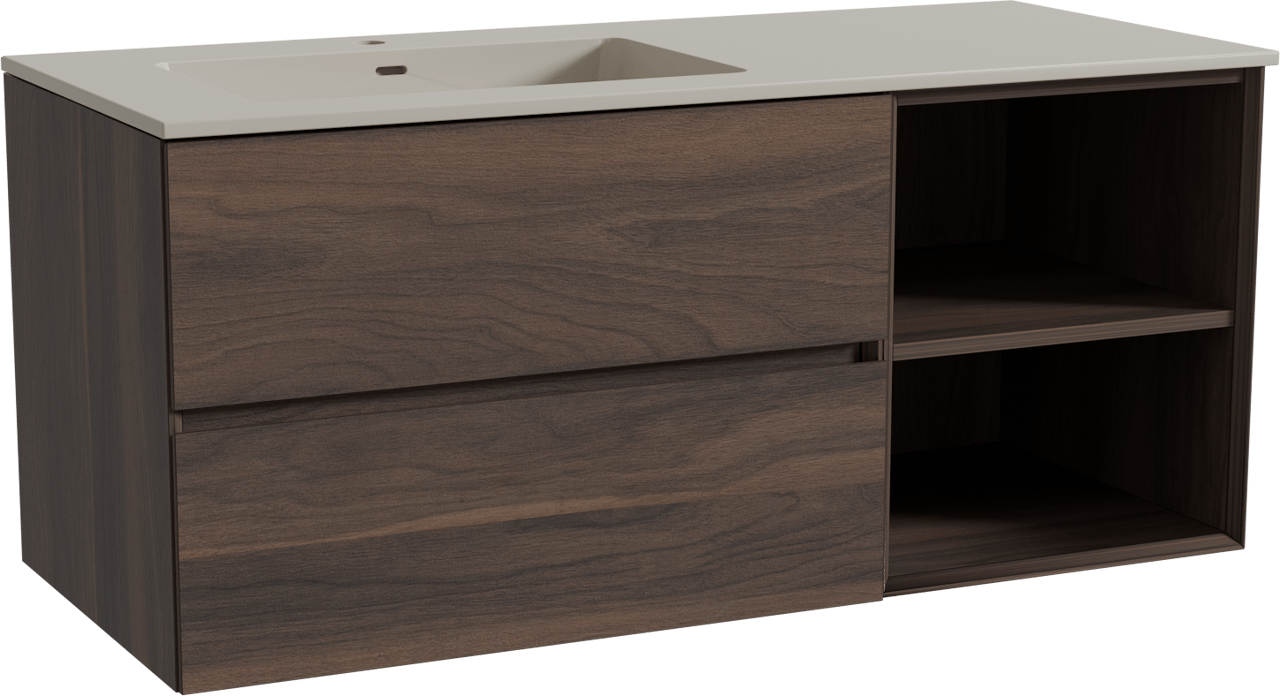 Storke Edge zwevend badkamermeubel 120 x 52 cm notelaar met Diva asymmetrisch linkse wastafel in top solid zijdegrijs