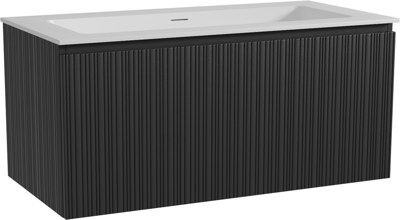 Storke Ribs zwevend badmeubel 105 x 52 cm zwart eiken met Mata enkele wastafel voor 2 kraangaten in solid surface mat wit, Verticale asymmetrische rechte ribbel