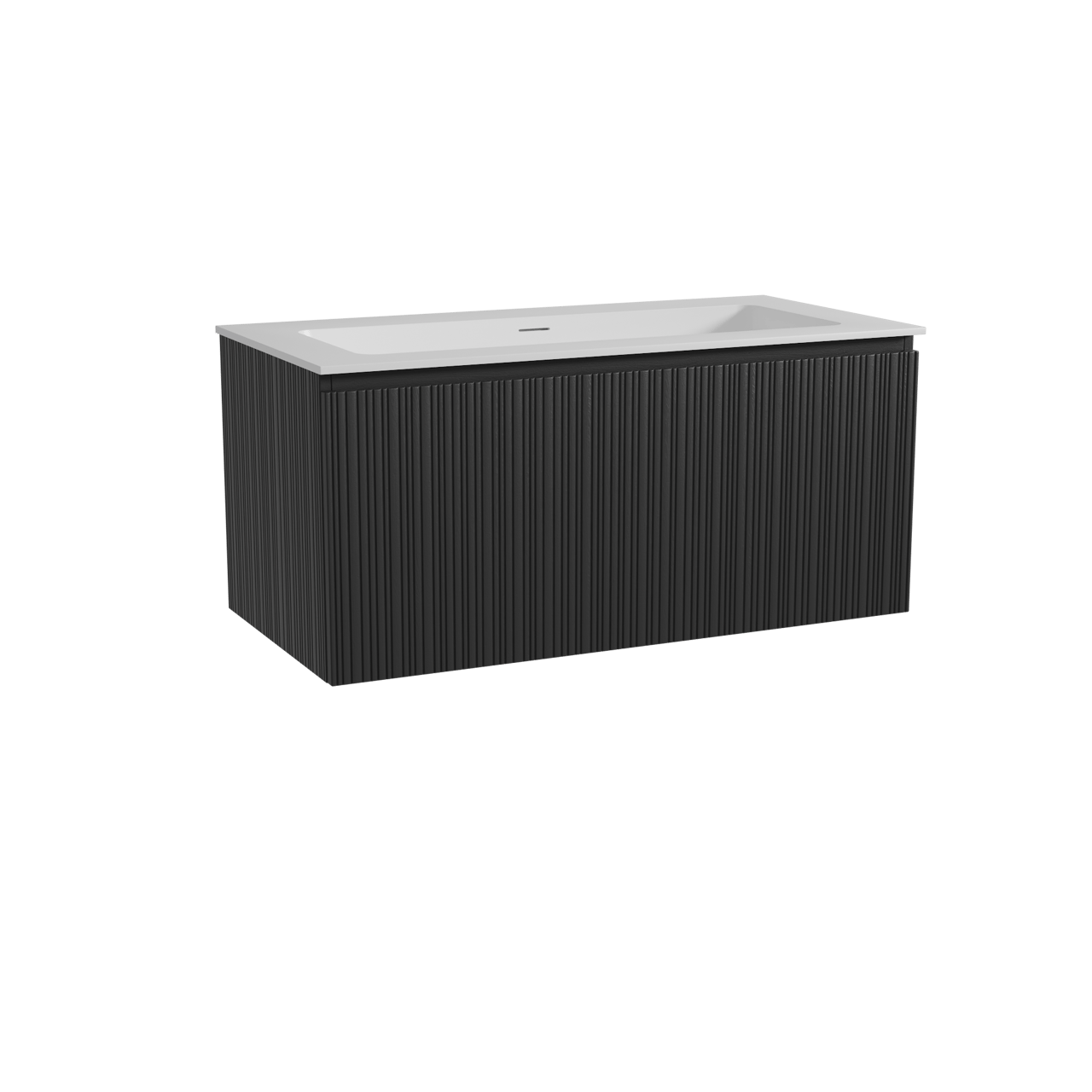 Storke Ribs meuble salle de bains suspendu 105 x 52 cm chêne noir avec Mata lavabo simple pour 2 trous de robinet en solid surface blanc mat, Nervure droite asymétrique verticale