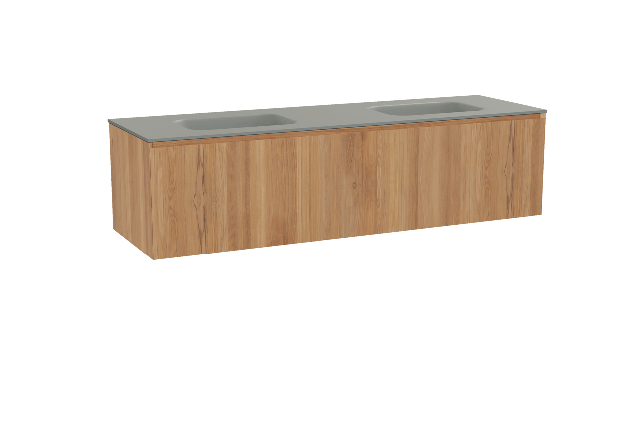 Balmani Idra zwevend badmeubel 180 x 55 cm teakhout met Tablo Arcato dubbele wastafel in solid surface steengrijs