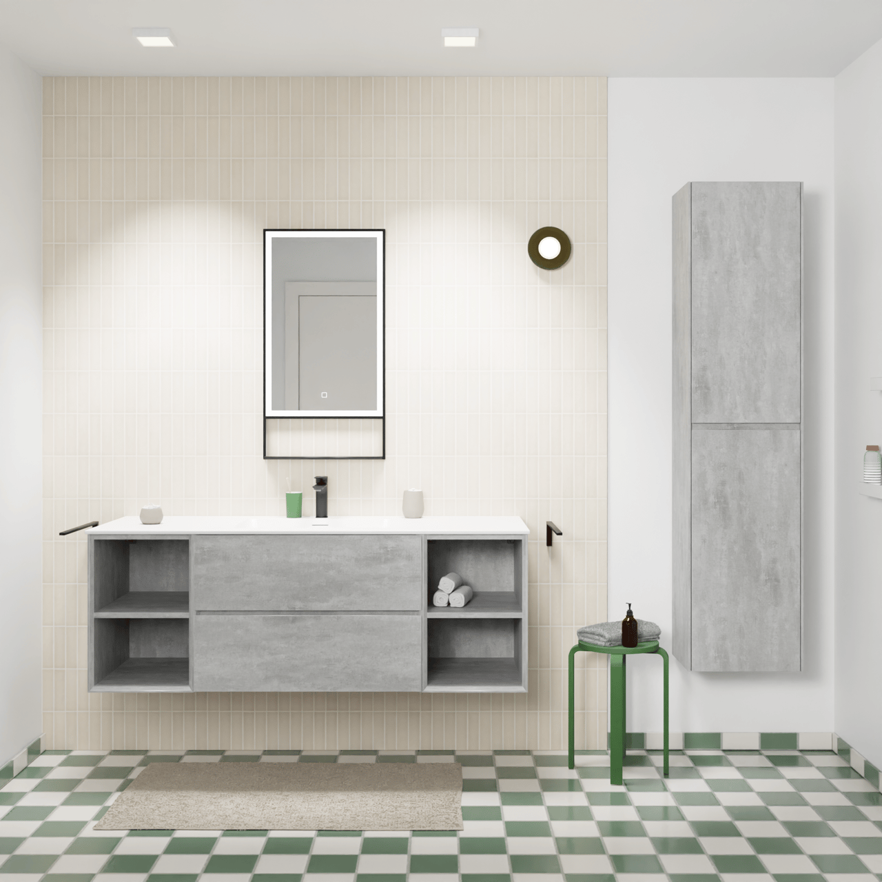 Storke Edge meuble salle de bains suspendu 145 x 52 cm béton gris foncé avec Mata plan simple en solid surface blanc mat