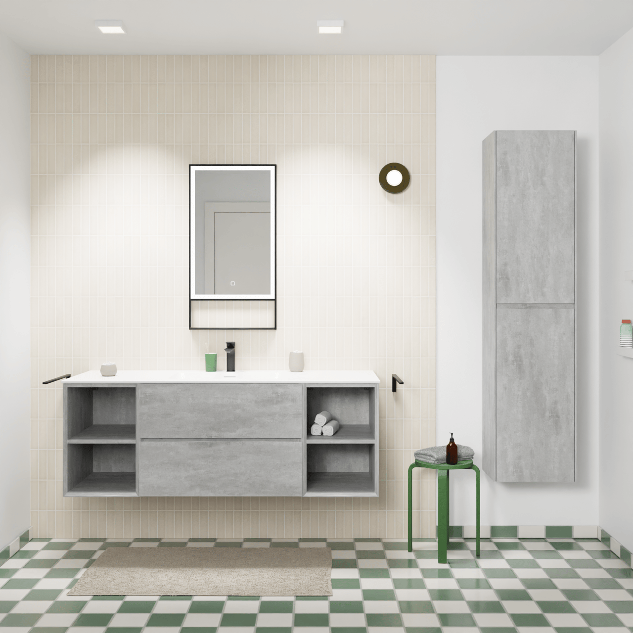 Storke Edge meuble salle de bains suspendu 145 x 52 cm béton gris foncé avec Mata plan simple en solid surface blanc mat