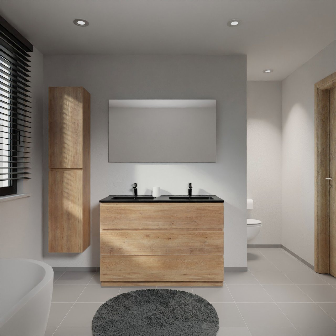 Linie Lado freistehendes Möbelstück Set: 120 x 46 cm, Naturbelassene Eiche, mit Vano Doppelwaschtisch, Marmorkomposit Schwarz matt