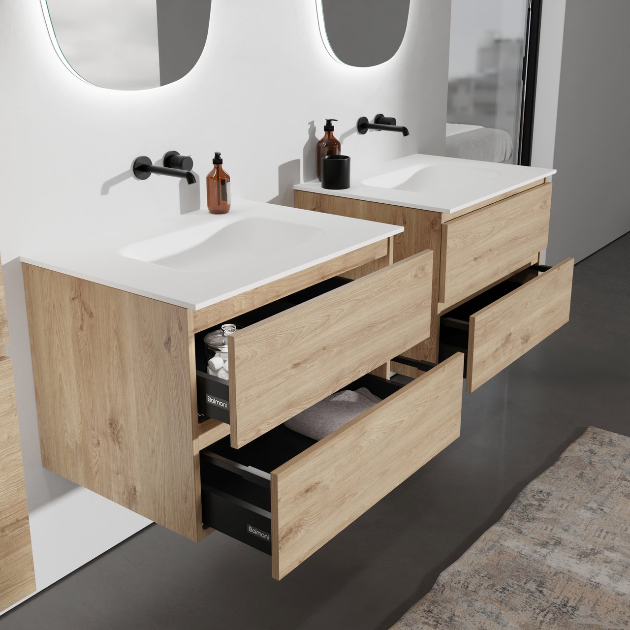 Balmani Lucida meuble salle de bains suspendu 75 x 55 cm chêne brut avec Tablo Arcato plan simple en solid surface blanc mat