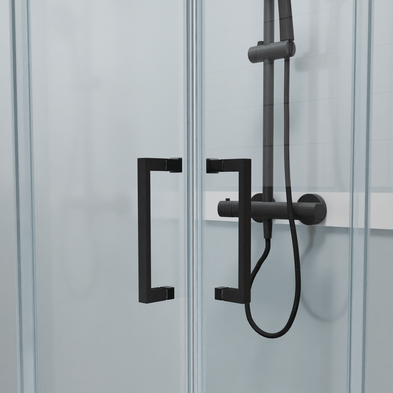 Luca Varess Talan Duschkabine: Schiebetür, 80 x 80 cm, Klarglas, Schwarzes Profil, matt