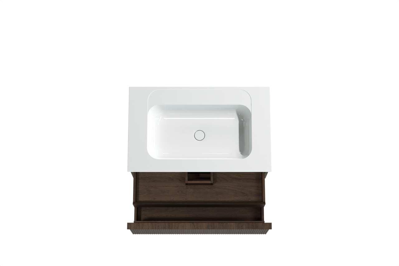 Balmani Forma hängendes Möbelstück Set: 90 x 55 cm, Geräucherte Eiche, mit Tablo Strada Einzelwaschtisch, Marmorkomposit, Weiß glänzend, Vertikale symmetrische gerade Rippe