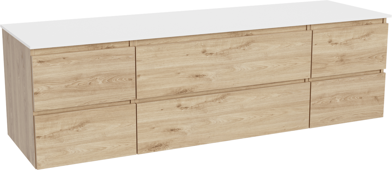 Balmani Lucida zwevend badkamermeubel 180 x 55 cm ruwe eik met Stretto enkel of dubbel tablet in solid surface mat wit