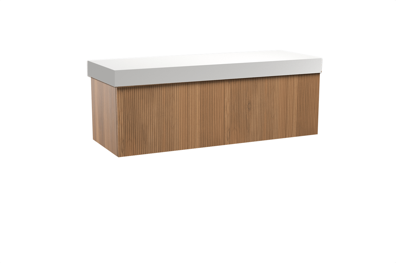 Balmani Forma hängendes Möbelstück Set: 150 x 55 cm, Teak, mit Dominus Einzel- oder Doppel Waschtischplatte, Solid Surface, Weiß matt, Vertikale symmetrische gerade Rippe