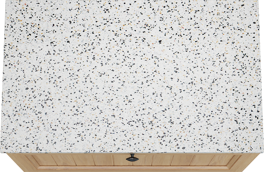 Balmani Lemon hängendes Möbelstück Set: 90 x 55 cm, Naturbelassene Eiche Furnier, mit Stretto Einzel Waschtischplatte, Terrazzo in Weiß/Schwarz matt