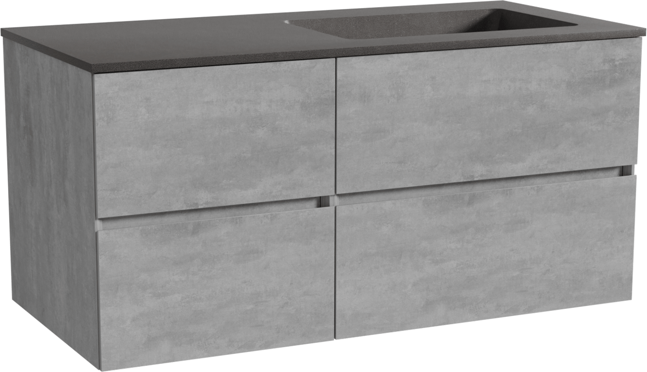 Storke Edge zwevend badmeubel 110 x 52 cm beton donkergrijs met Scuro asymmetrisch rechtse wastafel in kwarts mat zwart